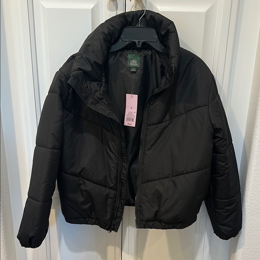 Sleek Black Puffer Jacket with High Collar and Quilted Design